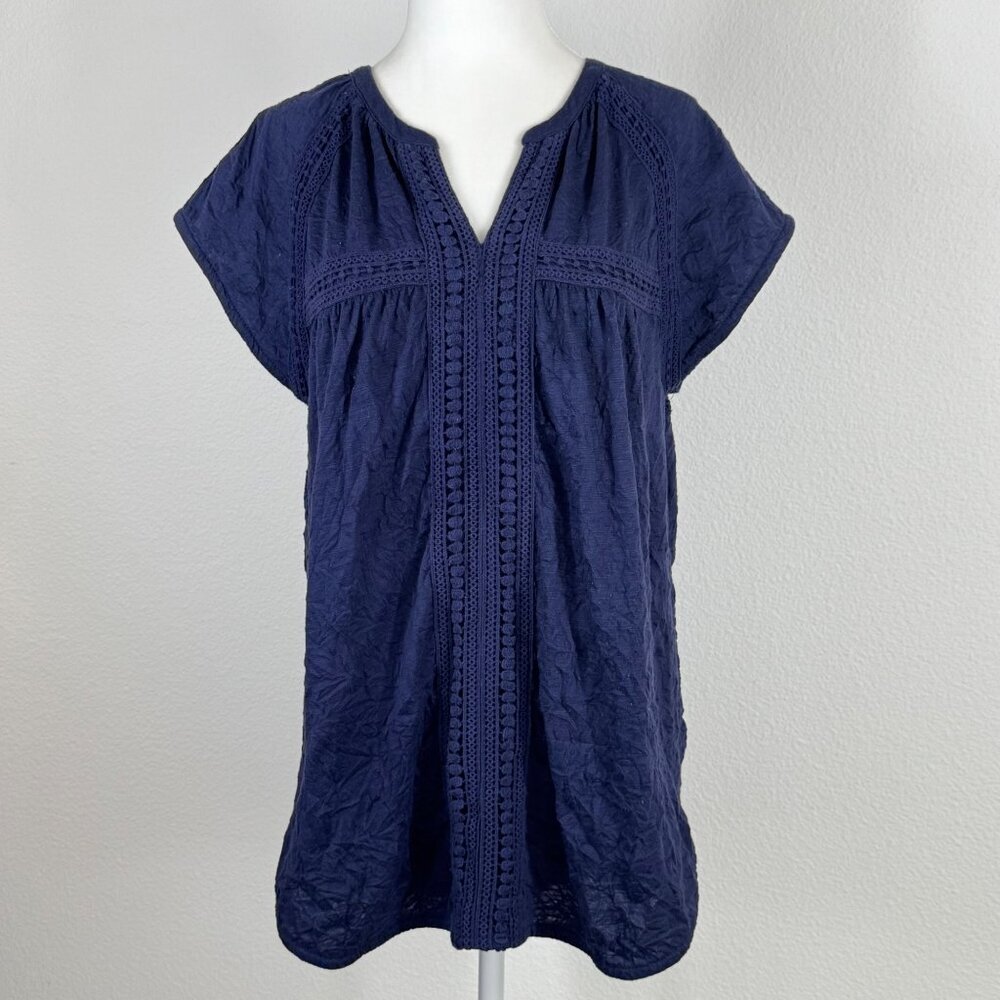 Sundance Romance Crinkle Lace Short Sleeve Top Navy Blue Size M